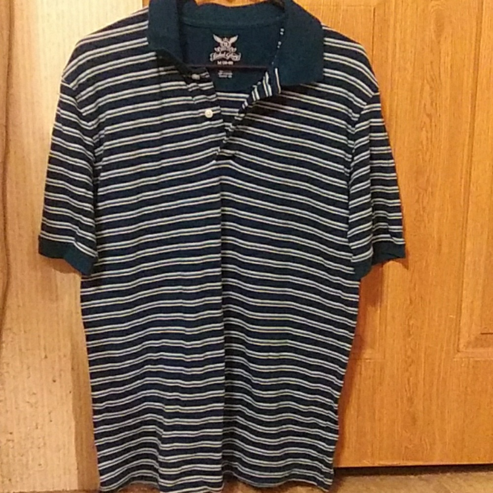 A dark blue with white and light blue stripes